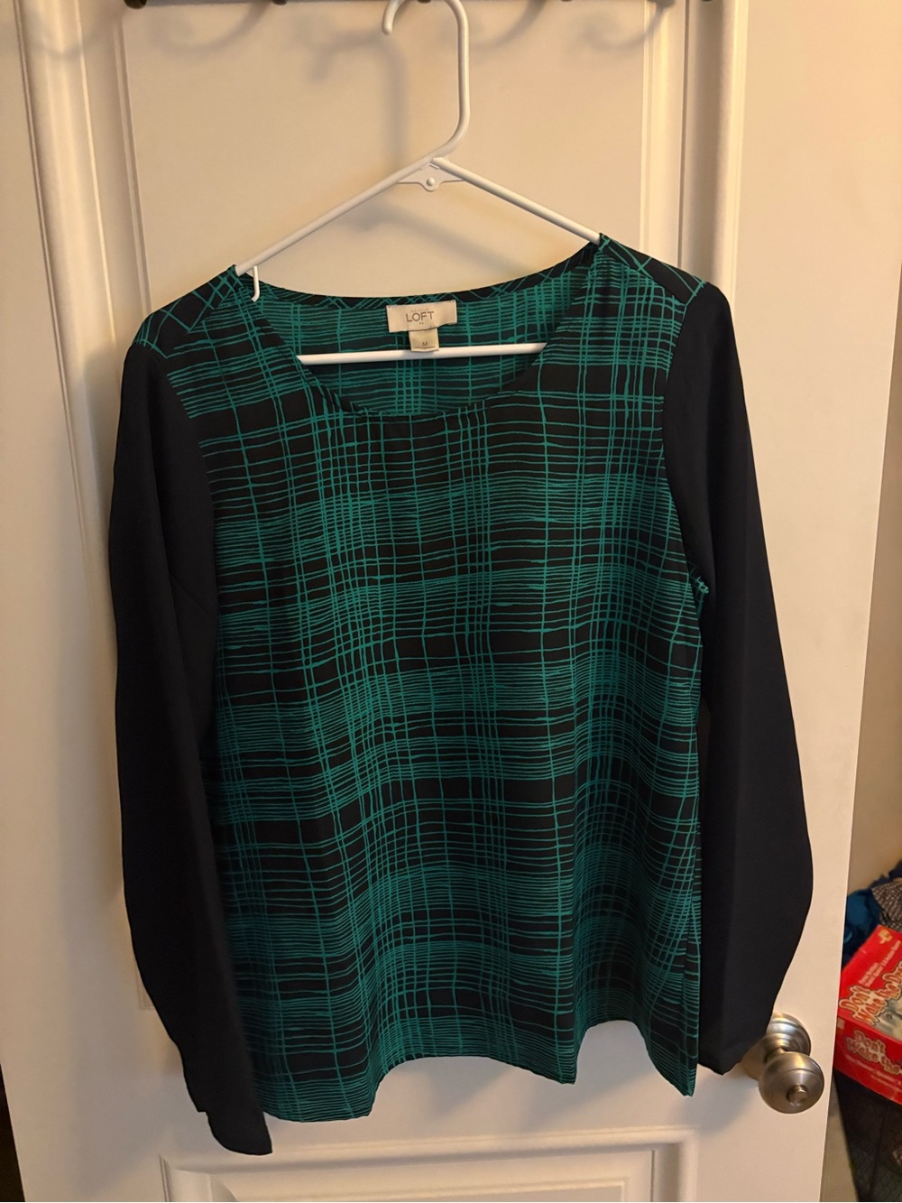 LOFT navy and green Plaid Long-Sleeve Blouse